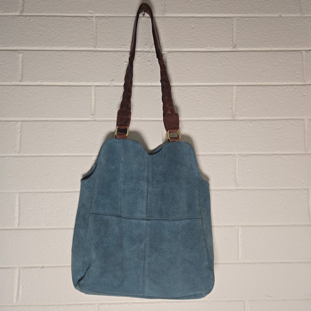 JOYN Blue Suede Tote Large Braided Leather Strap Boho Shoulder Bag - Picture 3 of 16